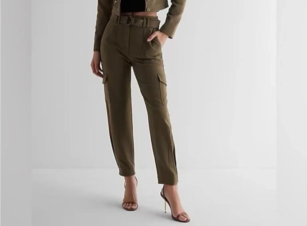 Express Cargo Ankle Super High Rise Pants Womens size 8 Olive Belted Pockets